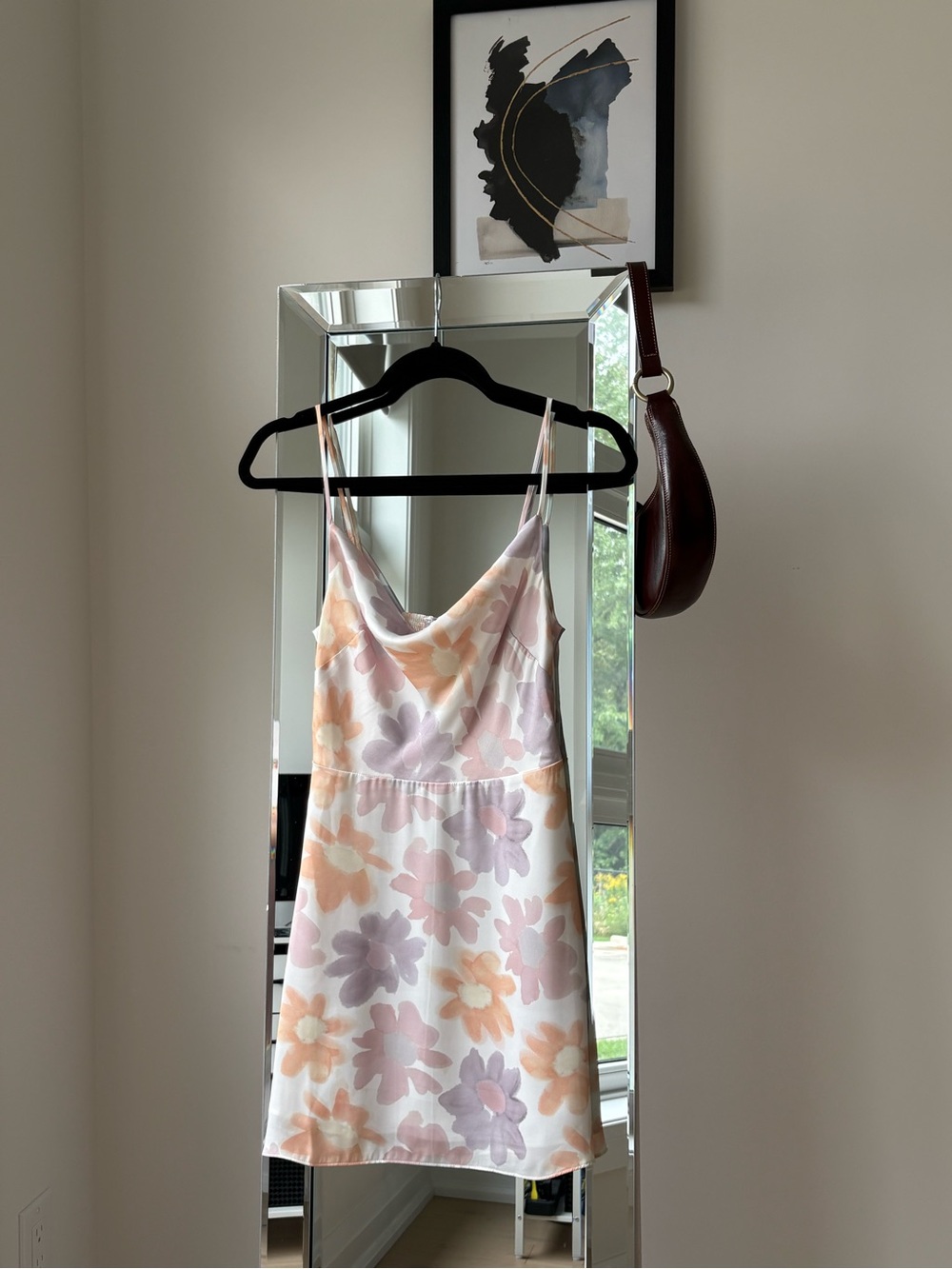 Floral Satin Cowl Neck Slip Top in Pastel Peach & Lavender